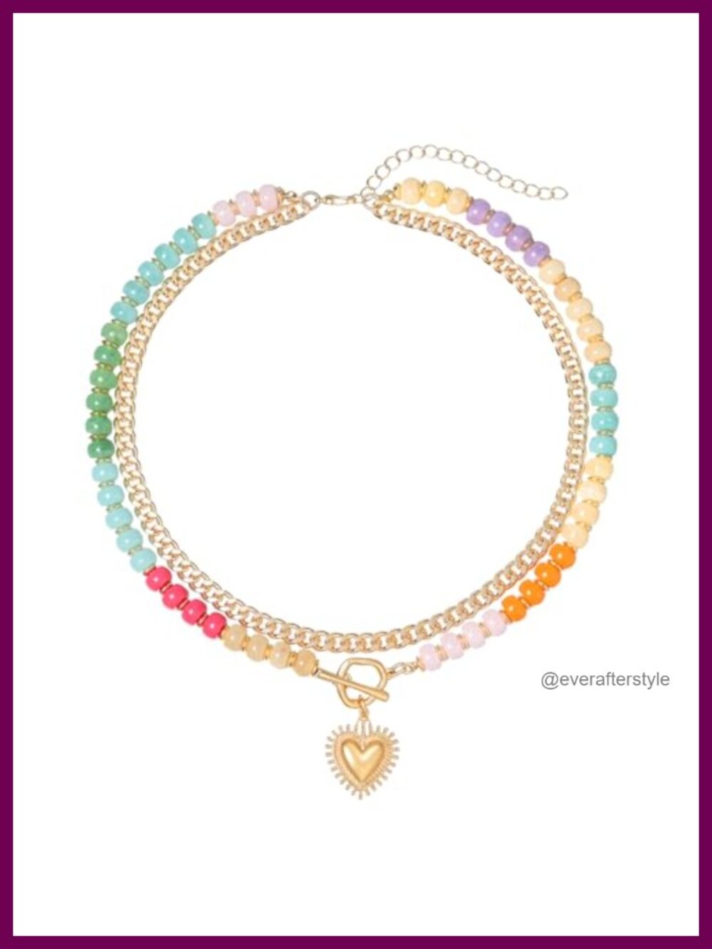Layered Beaded Choker Necklace 14K Gold Plated Heart Charm Toggle Clasp